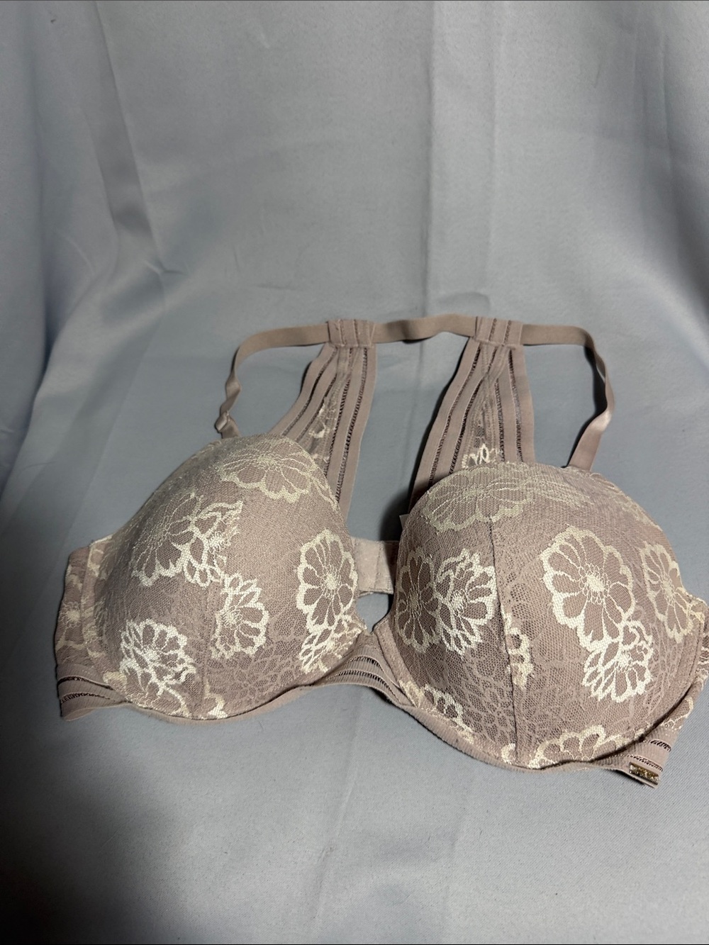 PINK Victoria's Secret Taupe Lace Underwire Bra with Cream Floral